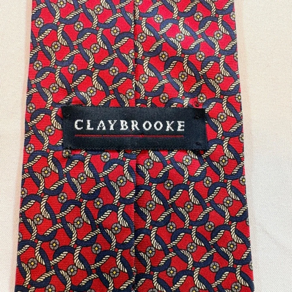 Claybrooke Silk Necktie Men Red Navy Geometric Rope Pattern Classic Business Tie